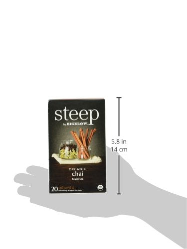 Steep by Bigelow Organic Chai 20 Count Organic Caffeinated Individual Black Tea Bags, for Hot Tea or Iced Tea, Drink Plain or Sweetened with Honey or Sugar