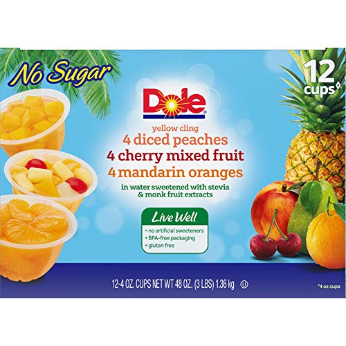 Dole Fruit Bowls Peaches, Mandarin Oranges & Cherry Mixed Fruit Variety Pack, No Sugar Added, Gluten Free Snack, 4 Ounce 12 Total Cups (Pack of 12)