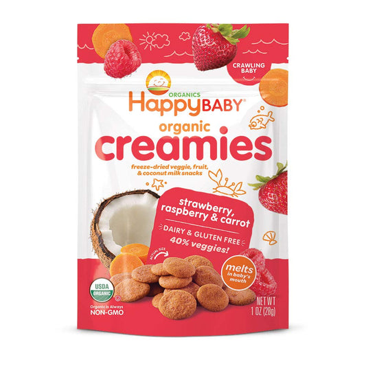 Happy Creamies Family Baby Organic Creamies Freeze-Dried Veggie & Fruit Snacks with Coconut Milk Strawberry Raspberry & Carrot, 1 Ounce (Pack of 8)