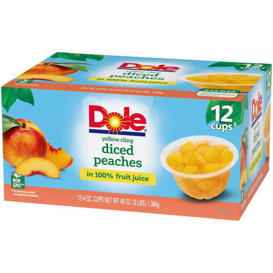 Dole Fruit Bowls Diced Peaches in 100% Juice, Gluten Free Healthy Snack, 4 Oz, 12 Total Cups