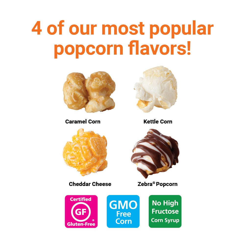 Popcornopolis Gourmet Popcorn Mini Cone Premium 24 Pack - Includes Zebra, Caramel, Cheddar Cheese and Kettle Corn, Gift Cone