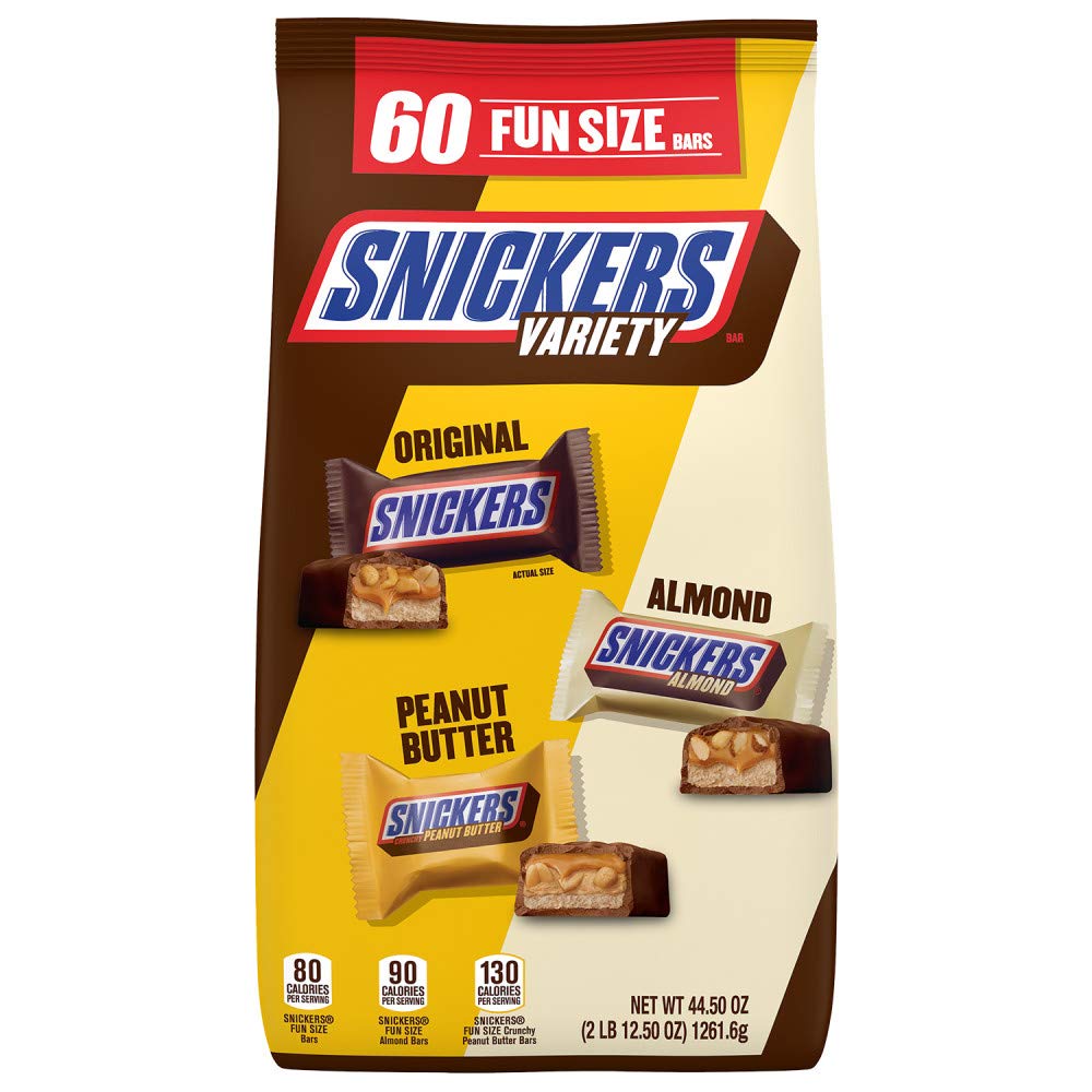 SNICKERS Original, Peanut Butter & Almond Bulk Variety Pack Fun Size Chocolate Candy Bar Assortment, 44.5 oz, 60 Pieces Bag