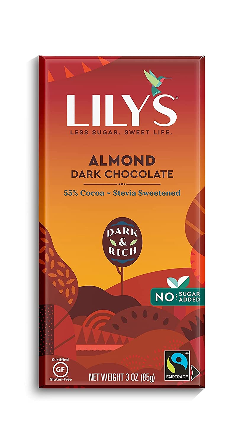 Almond Dark Chocolate Bar by Lily's | Made with Stevia, No Added Sugar, Low-Carb, Keto Friendly | 55% Cocoa | Fair Trade, Gluten-Free & Non-GMO Ingredients | 3 ounce, 12-Pack