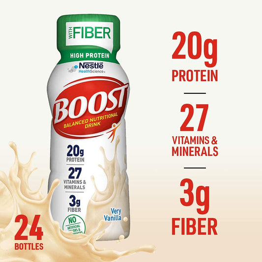 BOOST High Protein with Fiber Complete Nutritional Drink, 8 fl oz Bottles, 24 Rich Chocolate + 24 Very Vanilla (Pack of 48)