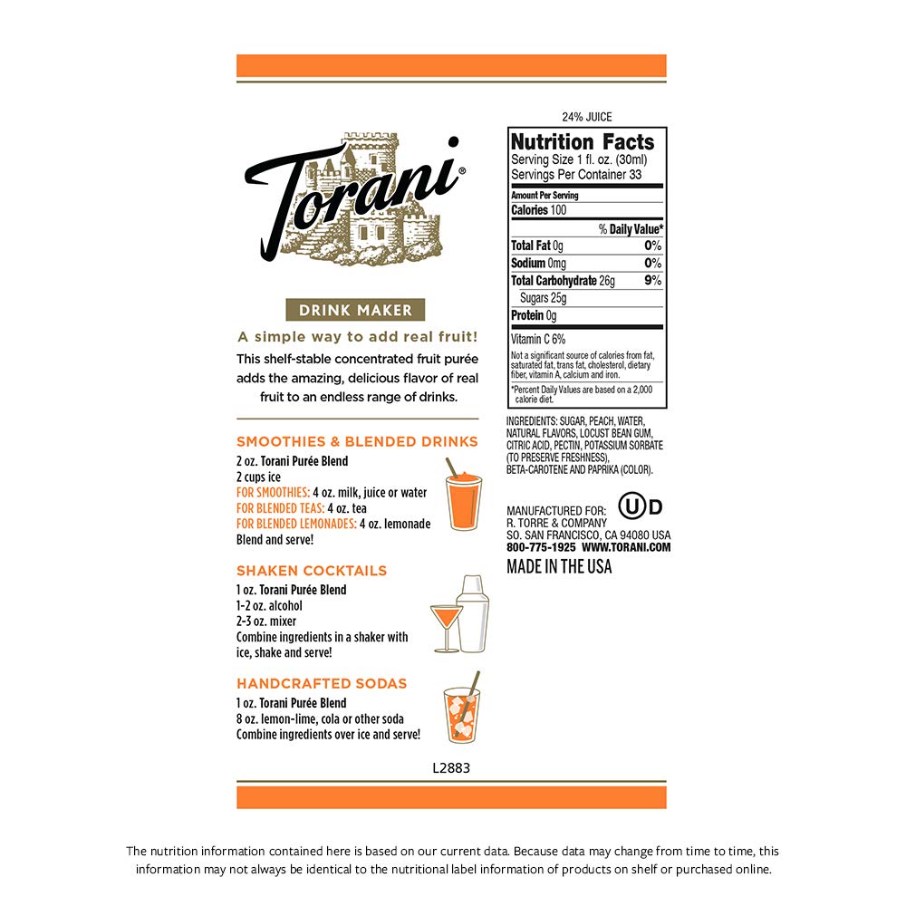 Torani Puree Blend, Peach, 33.8 Ounces