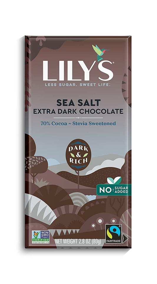 Sea Salt Dark Chocolate Bar by Lily's | Stevia Sweetened, No Added Sugar, Low-Carb, Keto Friendly | 70% Cocoa | Fair Trade, Gluten-Free & Non-GMO | 2.8 ounce, 4-Pack