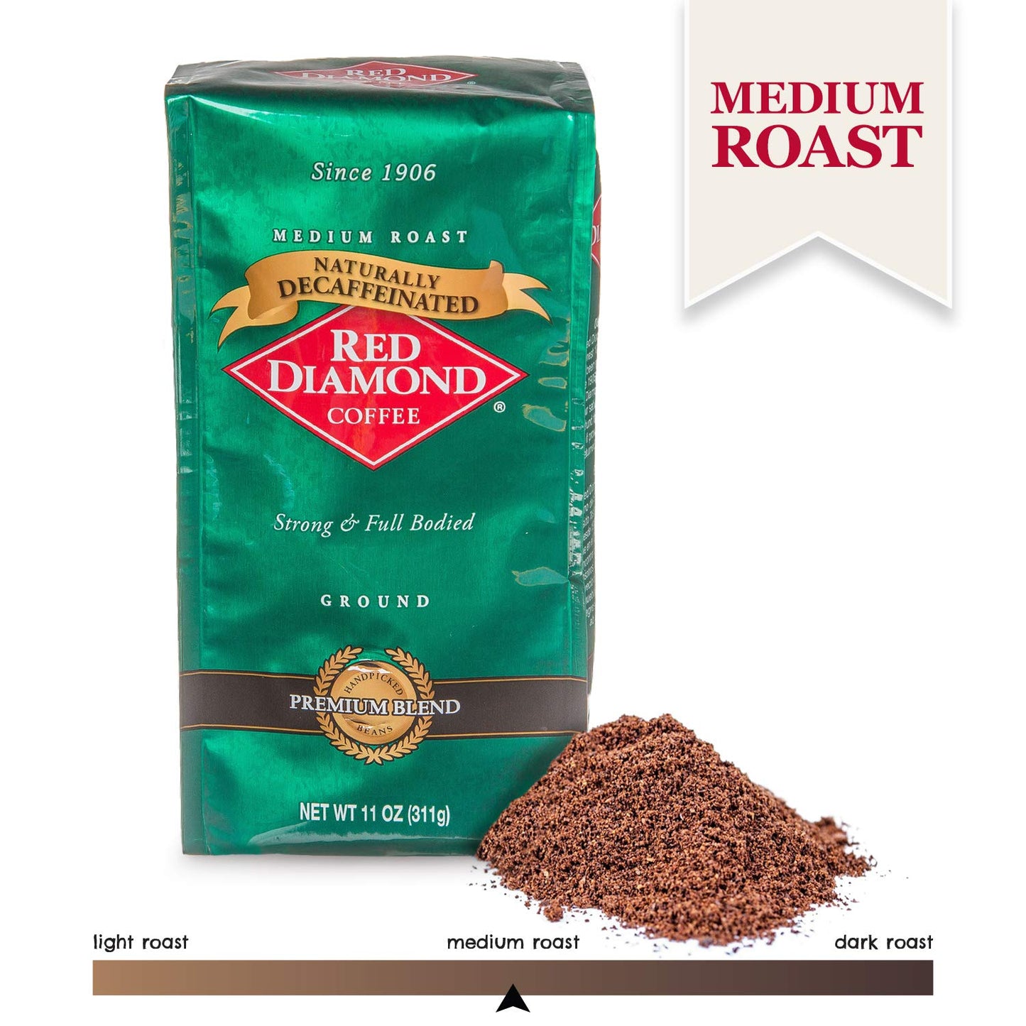 RED DIAMOND Ground Coffee, Medium Roast Decaffeinated, Premium Beans, Strong and Full Bodied, 11oz Resealable Bag