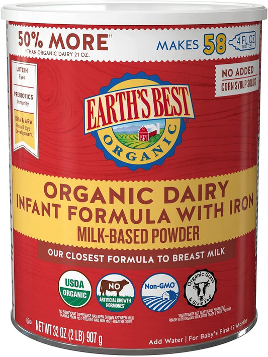 Earth's Best Organic Baby Formula, Dairy Based Powder Infant Formula with Iron, Non-GMO, Omega-3 DHA and Omega-6 ARA, 32 oz