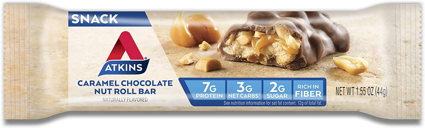 Atkins Snack Bar, Caramel Chocolate Nut Roll, Keto Friendly, 1.55 Ounce (5 Bars)