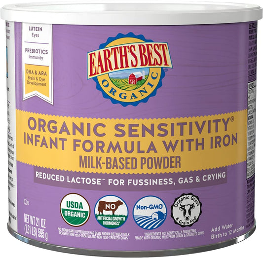 Earth's Best Organic Baby Formula, Low Lactose Sensitivity Infant Formula with Iron, Non-GMO, Omega-3 DHA and Omega-6 ARA, 21 oz