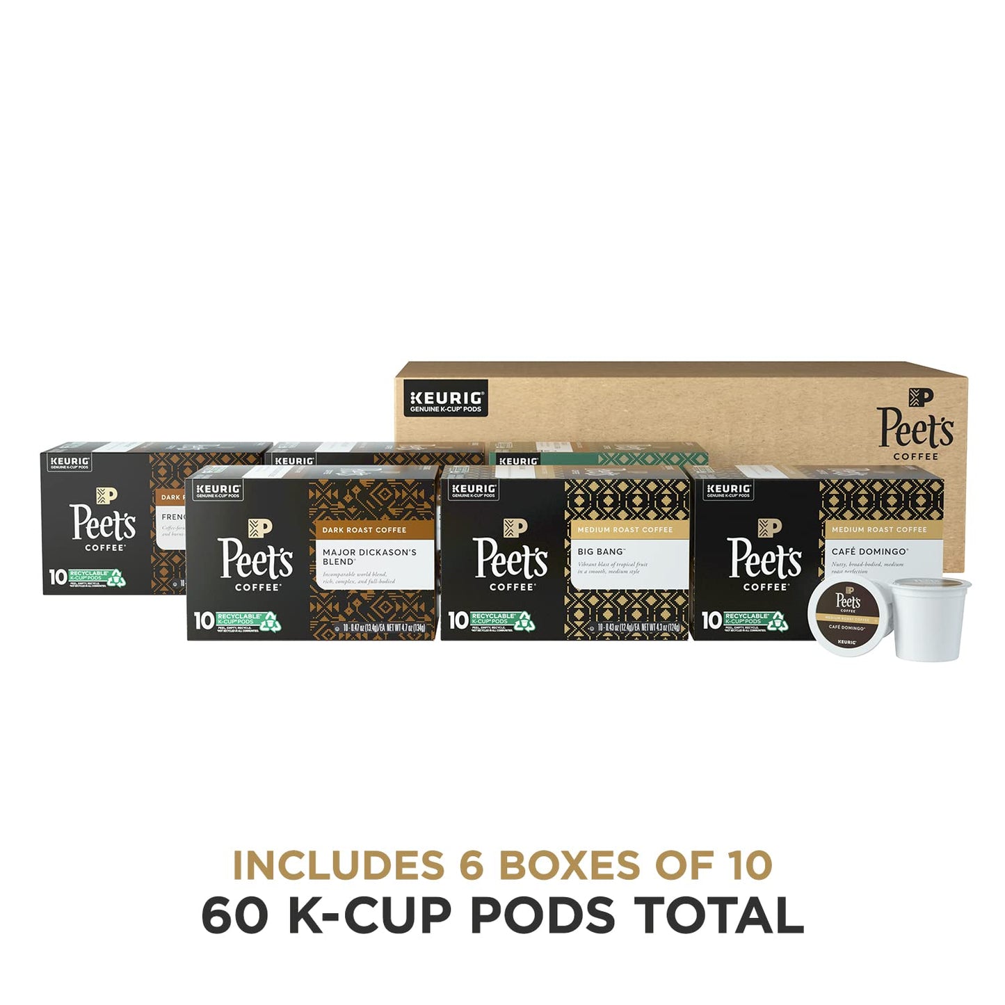 Peet’s Coffee, Bestsellers Variety Pack - 60 K-Cup Pods for Keurig Brewers (6 Boxes of 10 K-Cup Pods), Major Dickason’s, Big Bang, French Roast, Café Domingo, Organic Alma De La Tierra, House Blend