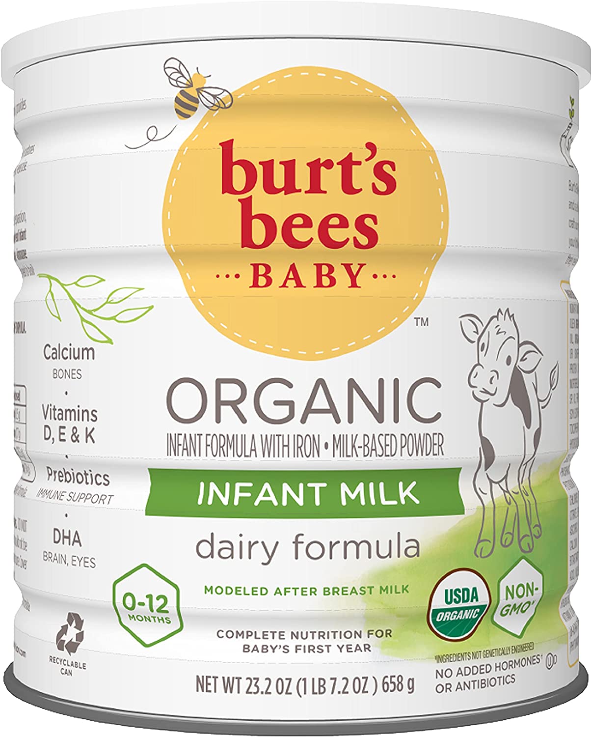 Burt's Bees Baby Organic Baby Formula, Infant Milk, Infant Formula with Iron, Milk-Based Powder with Vitamin D, Vitamin E, Vitamin K, DHA, Calcium, Prebiotics, 23.2 Ounce