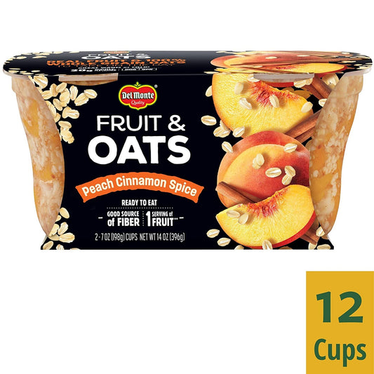 DEL MONTE FRUIT & OATS FRUIT CUP Snacks, Peach Cinnamon Spice, 12 Pack, 7 oz