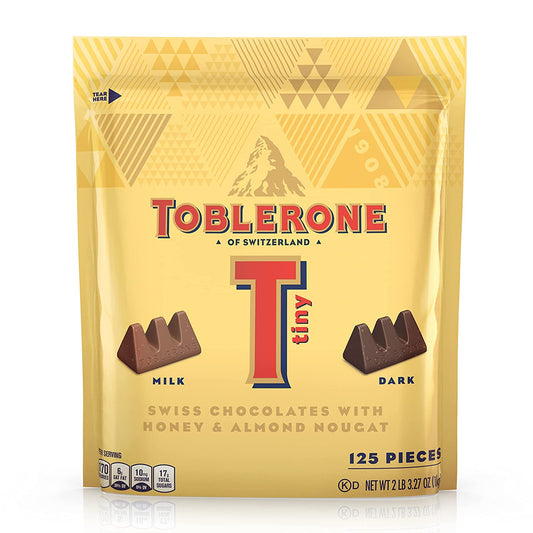 Toblerone Tiny Swiss Chocolate Candy Bars with Honey & Almond Nougat, Dark Chocolate, Milk Chocolate, 125 Ct Gift Bag