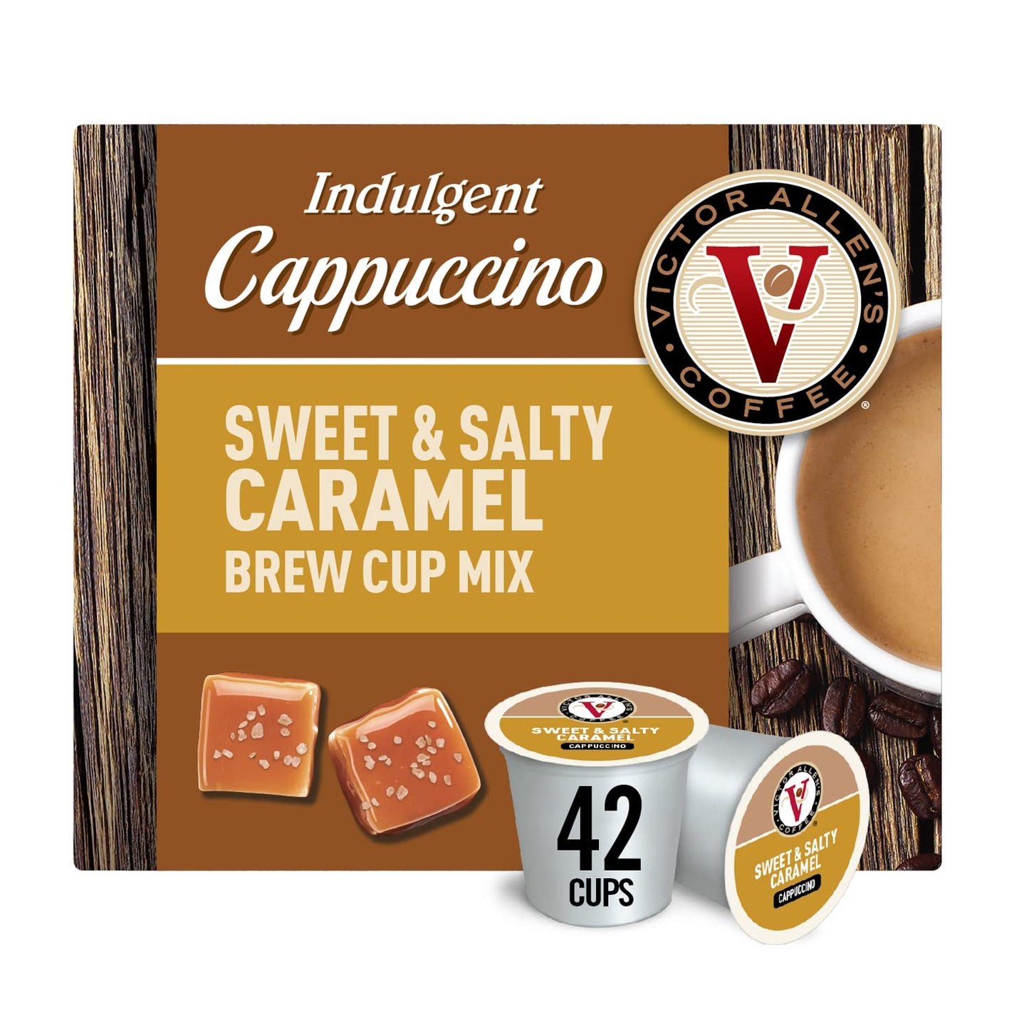 Victor Allen's Coffee Sweet and Salty Caramel Cappuccino, Flavored Coffee, 42 Count Single Serve Coffee Pods for Keurig K-Cup Brewers