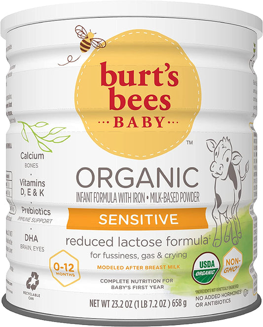Burt's Bees Baby Organic Baby Formula, Sensitive Formula, Reduced Lactose, Infant Formula with Iron, Milk-Based Powder with Vitamin D, Vitamin E, Vitamin K, DHA, Calcium, Prebiotics, 23.2 Ounce