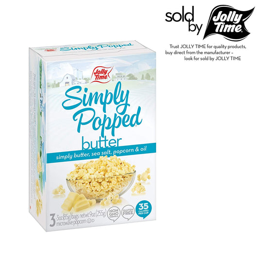 JOLLY TIME Simply Popped | Natural Microwave Popcorn with Ghee Clarified Butter, Sea Salt, Palm Oil and Non-GMO Pop Corn Kernels (3-Count Box, Pack of 4)