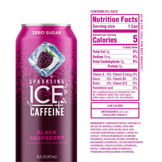 Sparkling Ice +Caffeine Black Raspberry Sparkling Water, with Antioxidants and Vitamins, Zero Sugar, 16 fl oz Cans (Pack of 12)