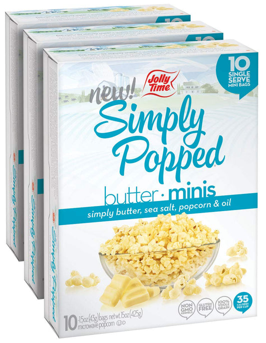 JOLLY TIME Natural Mini's Microwave Popcorn Bags, Single Serving Mini Snack Size, Gluten Free 3 Pack 10 Count Boxes (Simply Popped - Butter)