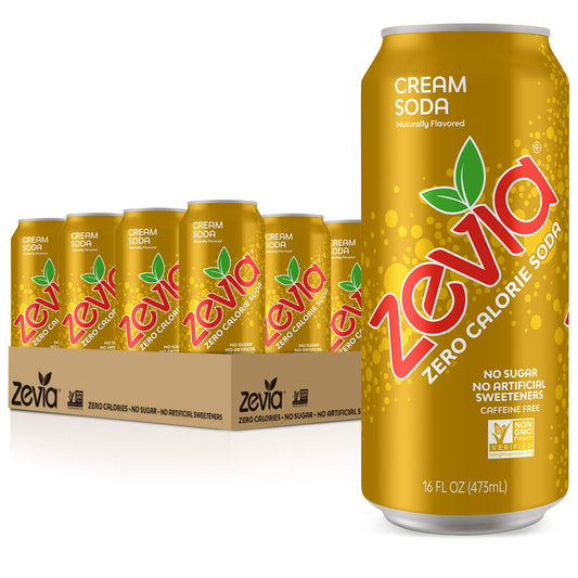 Zevia Zero Calorie Soda, Ginger Root Beer, Naturally Sweetened Soda, 12 Fl Oz, Pack of 24 & Cream Soda, Zero Calorie or Sugar, Naturally Sweetened, Carbonated Soda & Tasty, 16 Fl Oz, Pack of 12