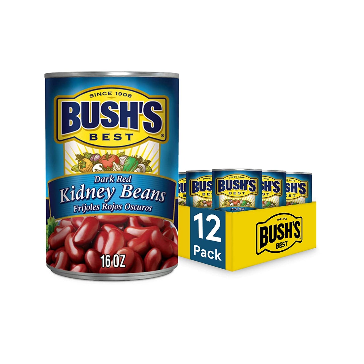 BUSH'S BEST Canned Dark Red Kidney Beans (Pack of 12), Source of Plant Based Protein and Fiber, Low Fat, Gluten Free, 16 oz