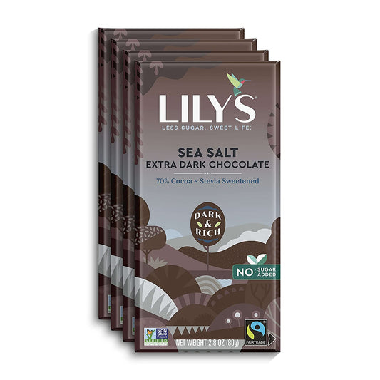 Sea Salt Dark Chocolate Bar by Lily's | Stevia Sweetened, No Added Sugar, Low-Carb, Keto Friendly | 70% Cocoa | Fair Trade, Gluten-Free & Non-GMO | 2.8 ounce, 4-Pack