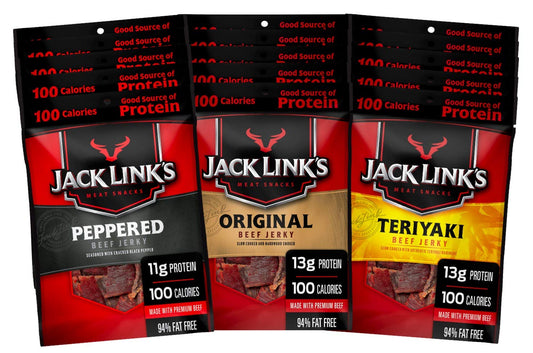 Jack Link’s Beef Jerky Variety Pack – Includes Original, Teriyaki, and Peppered Beef Jerky, Great for Lunch Boxes, Good Source of Protein – Pack of 15, 1.25 Oz Bags - 96% Fat Free, No Added MSG