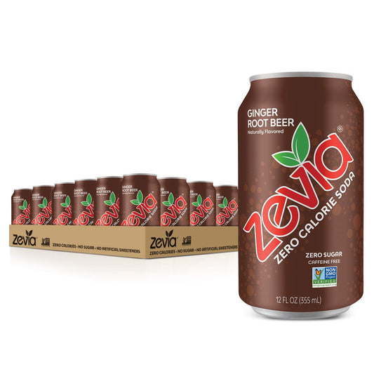 Zevia Zero Calorie Soda, Ginger Root Beer, Naturally Sweetened Soda, 12 Fl Oz, Pack of 24 & Cream Soda, Zero Calorie or Sugar, Naturally Sweetened, Carbonated Soda & Tasty, 16 Fl Oz, Pack of 12