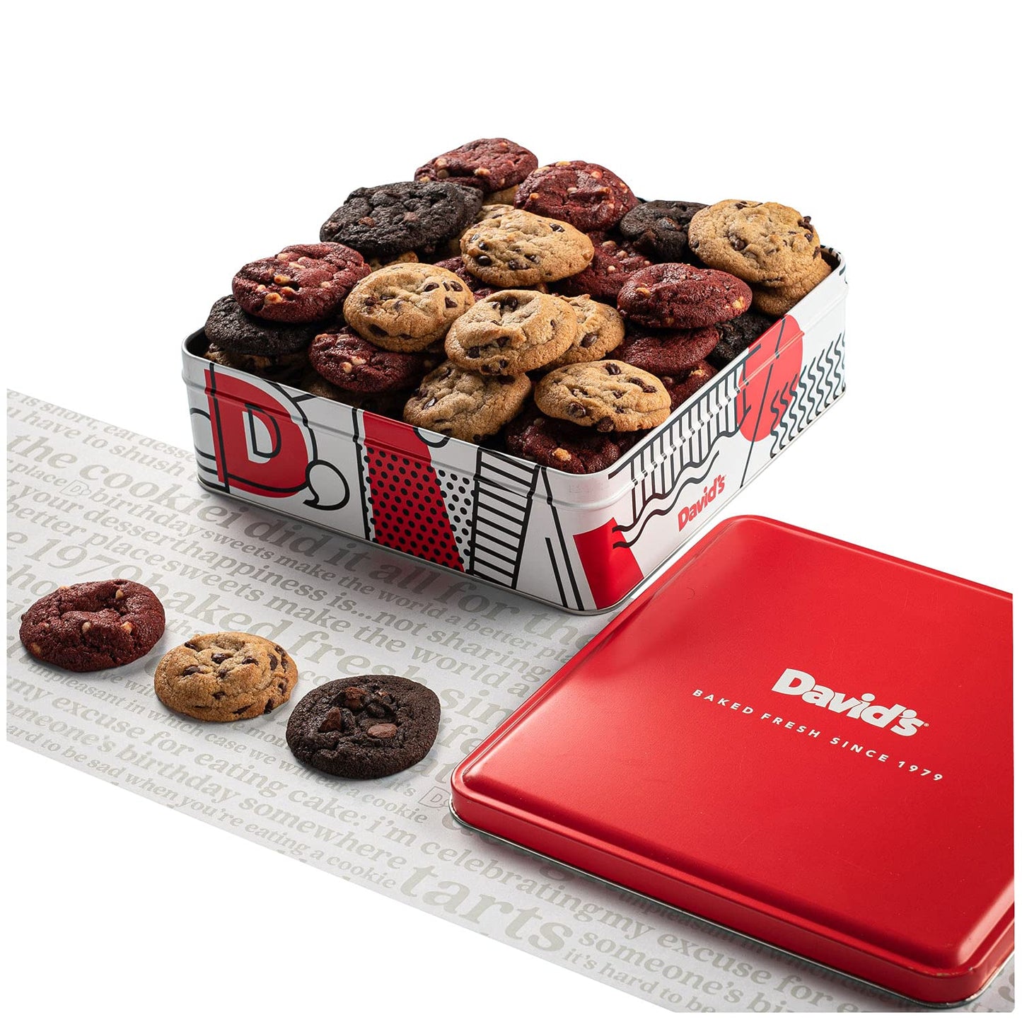 David's Fresh-Baked Cookies Tin, 0.50 Oz Assorted Mini Cookies with Chocolate Chip