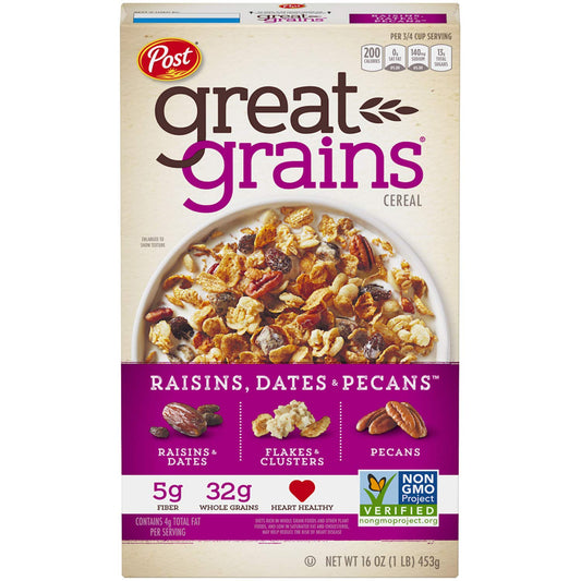 Post Great Grains Raisins, Dates & Pecans Whole Grain Cereal, 16 Ounce