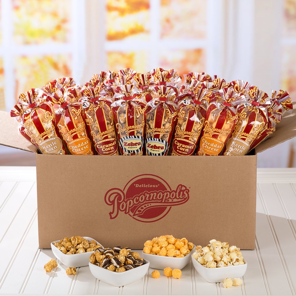 Popcornopolis Gourmet Popcorn Mini Cone Premium 24 Pack - Includes Zebra, Caramel, Cheddar Cheese and Kettle Corn, Gift Cone