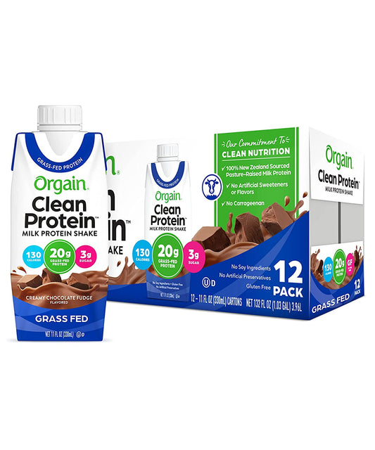 Orgain Grass Fed Clean Protein Shake, Creamy Chocolate Fudge - 20g of Protein, Meal Replacement, Ready to Drink, Gluten Free, Soy Free, Kosher, Packaging May Vary, 11 Fl Oz (Pack of 12)