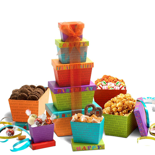 Broadway Basketeers Birthday Celebration Gift Tower Snack Box, Candy, Toffees, Chocolates, Cookies, & Popcorn, Kosher Certified Baskets - Birthday Gifts for Men, Women & Kids - Birthday Gift Basket