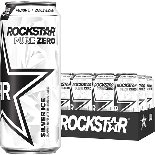Rockstar Pure Zero Energy Drink, Silver Ice, 16oz Cans (12 Pack) (Packaging May Vary)
