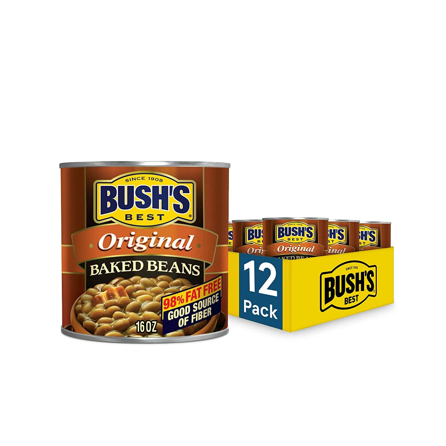 BUSH'S BEST Canned Original Baked Beans (Pack of 12), Source of Plant Based Protein and Fiber, Low Fat, Gluten Free, 16 oz