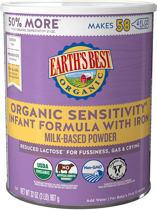 Earth's Best Organic Baby Formula, Low Lactose Sensitivity Infant Formula with Iron, Non-GMO, Omega-3 DHA and Omega-6 ARA, 32 oz