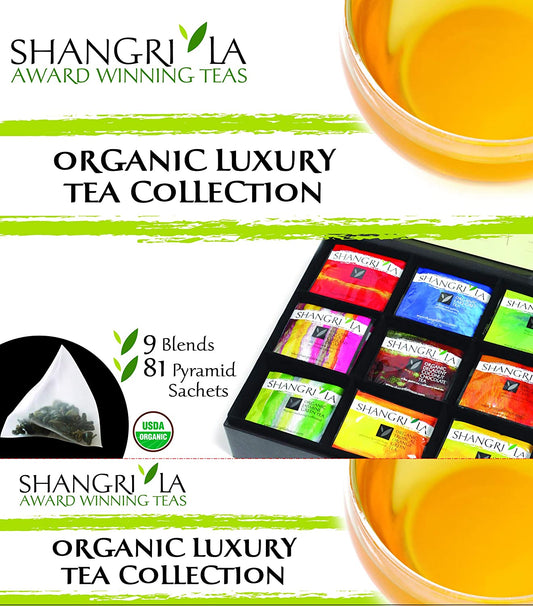 Shangri-La Tea Company Organic Luxury Silken Tea Sachet Collection, 81 Hot Tea Bags, 9 Different Flavors, Custom Gift Box