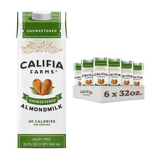 Califia Farms - Almond Milk, Unsweetened, 32 Oz (Pack of 6) | Dairy Free | Whole30 | Keto | Vegan | Plant Based | Nut Milk | Non-GMO | Shelf-Stable | Low Calorie & Sugar