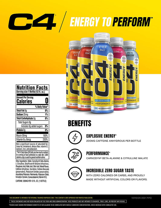 C4 Energy Non-Carbonated Zero Sugar Energy Drink, Pre Workout Drink + Beta Alanine, Fruit Punch, 12 Fl Oz (Pack of 12)