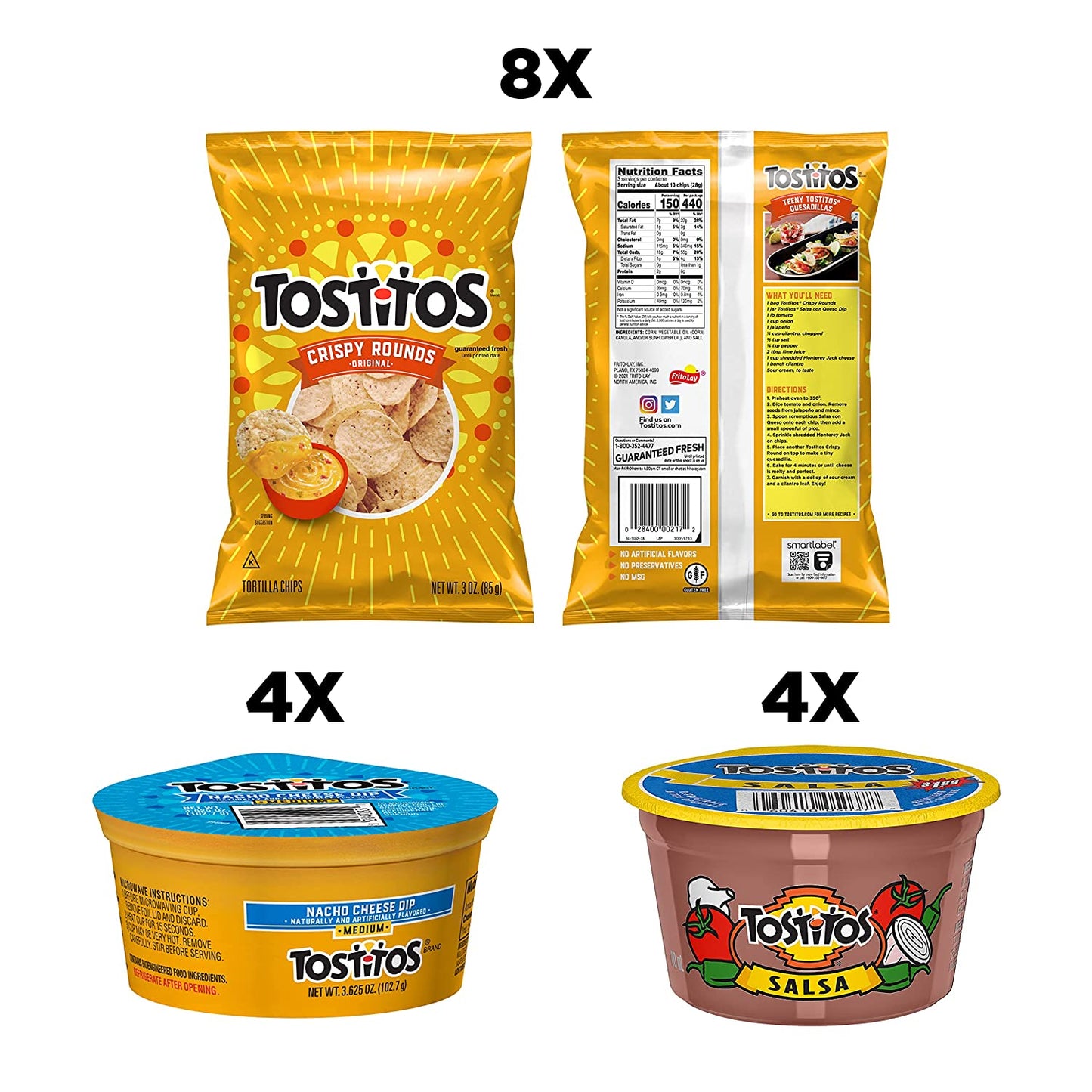 Tostitos Variety Bite Sized Rounds Salsa Cups Nacho Cheese Cups, Chip and Dip Pack, 16 Count