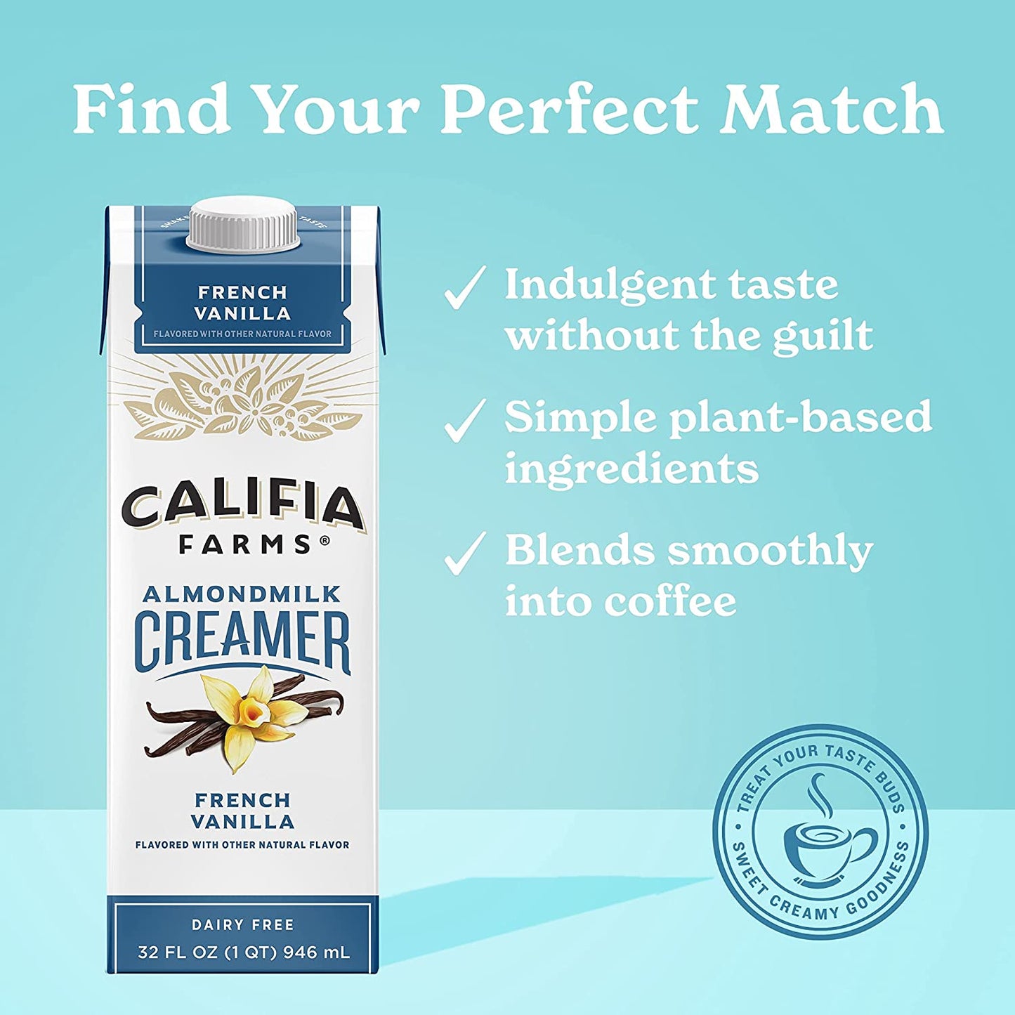 Califia Farms - Vanilla Almond Milk Coffee Creamer with Coconut Cream, 32 Oz | Dairy Free | Soy Free | Plant Based | Vegan | Non-GMO | Shelf Stable | Gluten Free