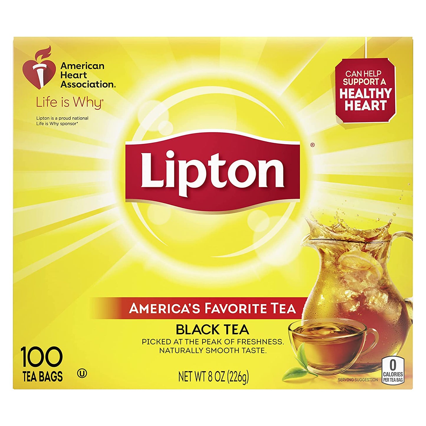 Lipton Tea Bags For A Naturally Smooth Taste Black Tea Can Help Support a Healthy Heart 8 oz 100 Count, Pack of 6