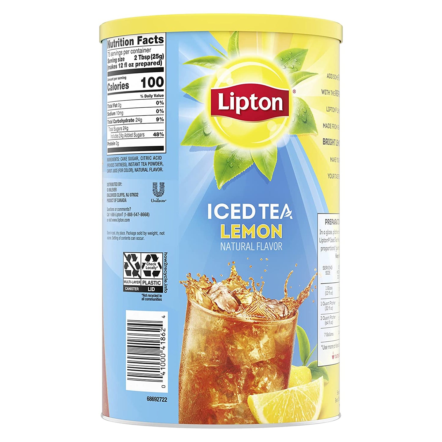 Lipton Iced Tea Mix, Lemon, 28 qt, 70.2 Ounce Pack of 2