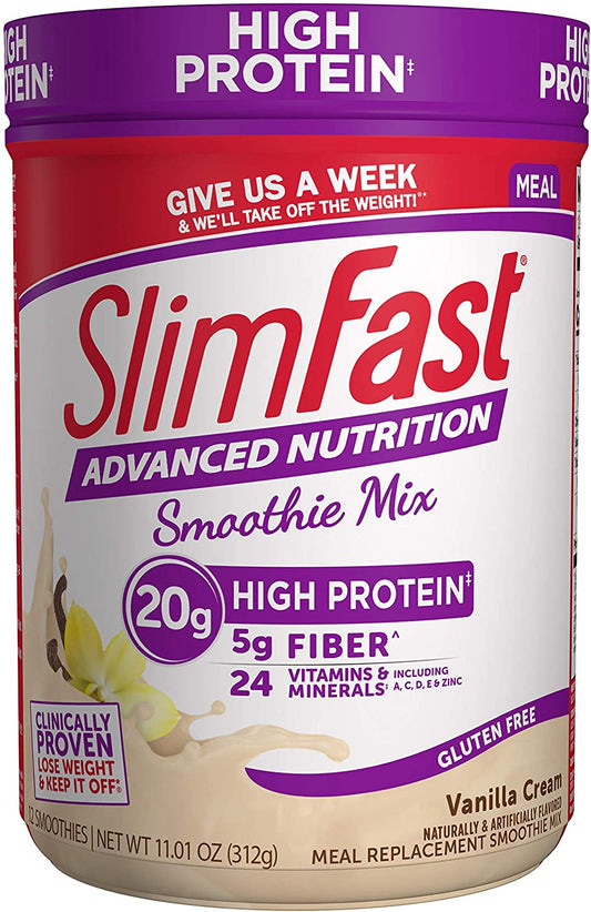 SlimFast Advanced Nutrition High Protein Meal Replacement Smoothie Mix, Vanilla Cream, Weight Loss Powder, 20g of Protein, 12 Servings (Pack of 2)