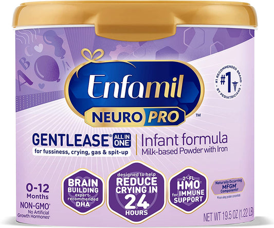 Enfamil NeuroPro Gentlease Baby Formula, Brain and Immune Support with DHA, Clinically Proven to Reduce Fussiness, Crying, Gas and Spit-up in 24 Hours, Non-GMO, Reusable Tub, 19.5 Oz