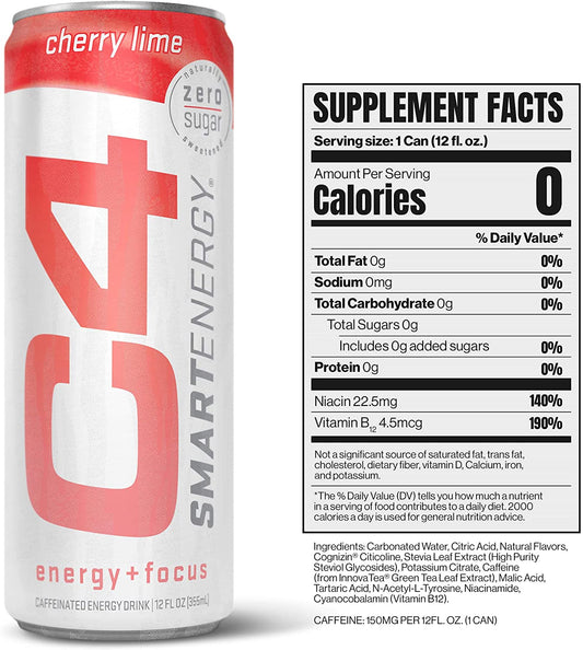 C4 Smart Natural Energy Drinks with Zero Sugar and Zero Calories, Sugar Free, Zero Carbs, | Powered by Green Tea Caffeine and Stevia | 12 Pack, 12 Oz Cans