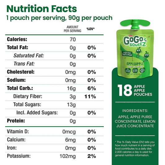 GoGo SqueeZ Fruit on The Go, Apple, Tasty Kids Applesauce Snacks Made from Apples, Gluten, Nut & Dairy Free, Vegan, 18 Pouches, 57.6 Oz