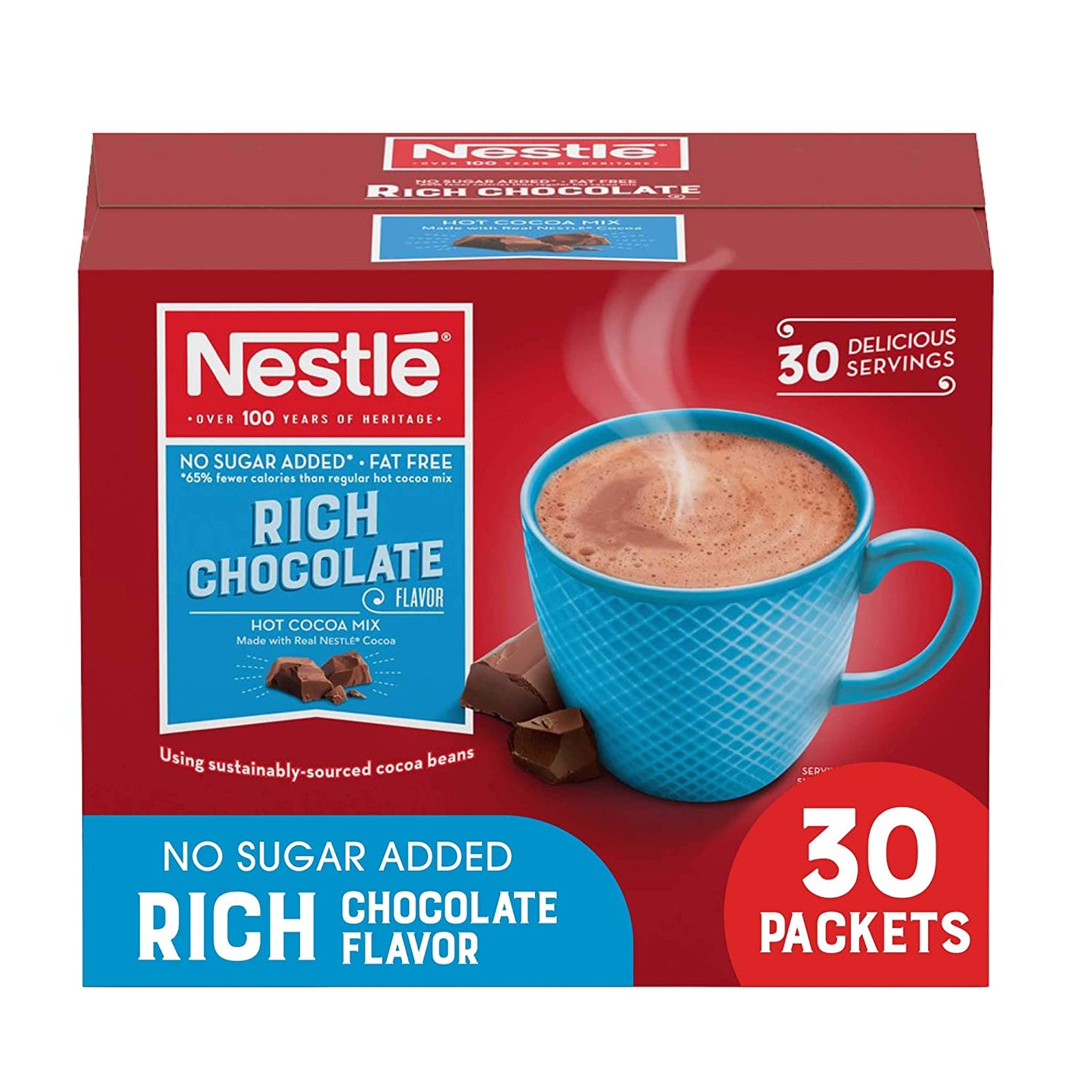 Nestle Hot Chocolate Packets, Hot Cocoa Mix, No Sugar Added and Fat Free, 30 Count (0.28 ounce Each)