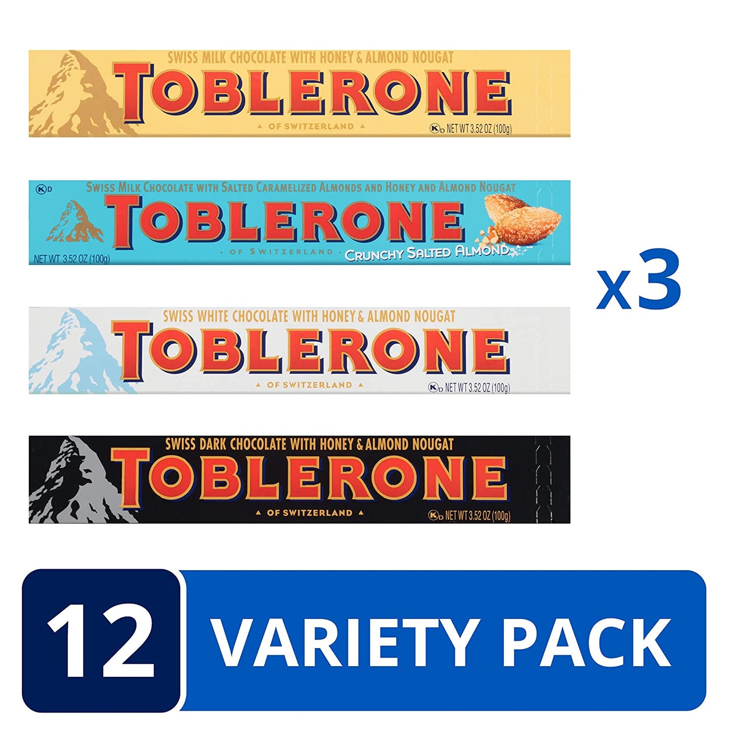 Toblerone Swiss Chocolate Variety Pack, Milk Chocolate, Dark Chocolate, White Chocolate & Crunchy Salted Caramelized Almond, Easter Chocolate, 12 - 3.52 oz Bars