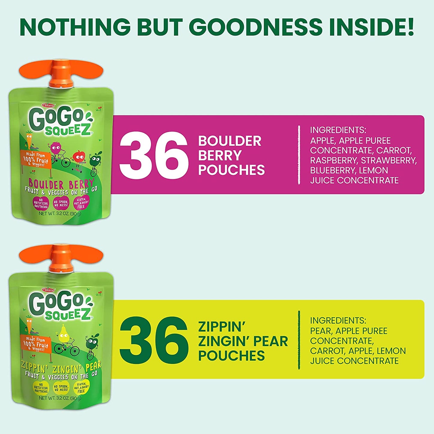 GoGo squeeZ fruit & veggieZ Variety Pack, Boulder Berry/Zippin' Zingin' Pear, 3.2 oz. (72 Pouches) - Apples, Pears, Berries & Carrots - Gluten Free Snacks for Kids - Nut & Dairy Free - Vegan Snacks